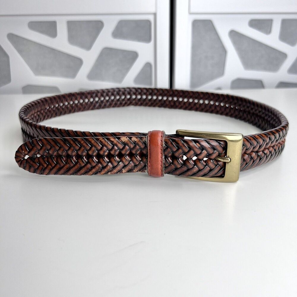 Brown Double Braided Leather Belt Brass Tone Buckle Unisex Adjustable
